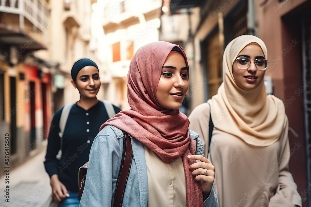 Not real Persons. Young adult arab woman with headscarf hijab strolling in a narrow side street with friends, fictional place. Generative AI - obrazy, fototapety, plakaty 