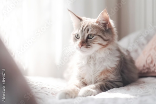 A striped cat lies on a bed on a soft fluffy plaid. A pet in a city apartment. Love for animals, care and concern