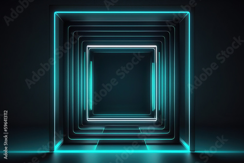 Fototapeta Naklejka Na Ścianę i Meble -  3D Render, Abstract Geometric background, glowing neon frame mirror, futuristic tunnel concept, created with Generative