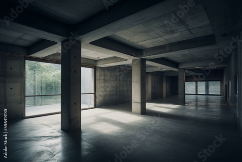 Dim, vacant space made of concrete. Generative AI © Thisbe