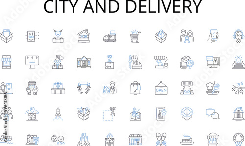 City and delivery line icons collection. Summit, Alpinist, Crampons, Challenging, Resilience, Expedition, Toughness vector and linear illustration. Trekking,Perseverance,Landscape Generative AI