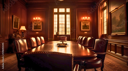 The close-up shot of a business meeting table in a professional style, with ambient lighting, focused on executive chairs and stationery in a classic boardroom, Created with generative Ai Technology. © Roberto