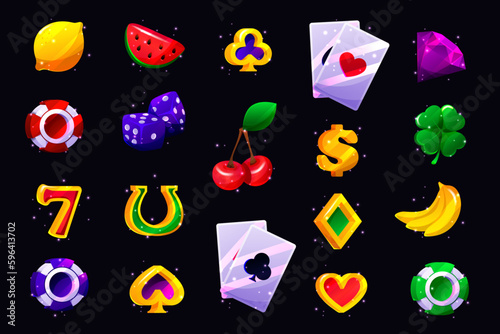 Casino game slot machine icon. Vector gambling machine badge kit, fruit set, cards, bonus sign, golden chips coin. Online spinning, having mobile entertainment