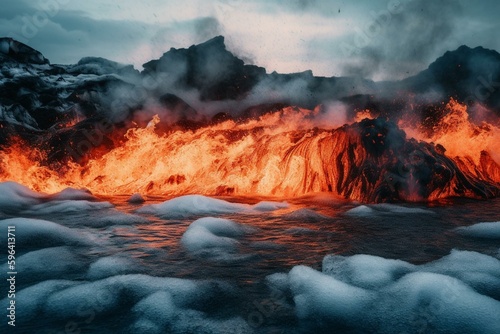 Blazing flames on icy tundra  battle between water and fire  volcanic chaos. Generative AI