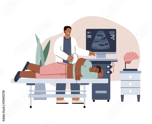 Doctor doing ultrasound diagnostic for patient flat illustration isolated.