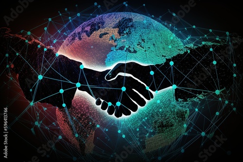 The image represents the global business world, where digital marketing and teamwork play a vital role in the success of organizations. In the foreground, two successful business partners are shaking 