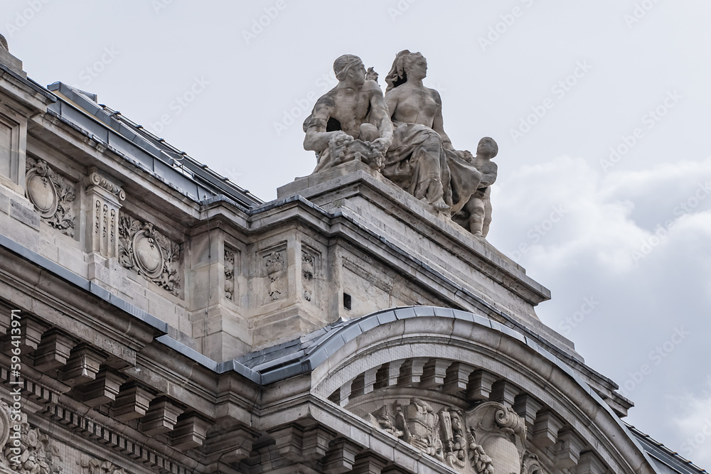 Architectural fragment of Brussels Stock Exchange building (BeursBourse) on the Place de la Bourse. The building erected from 1868 to 1873 in the Neo-Renaissance style. Brussels, Belgium.