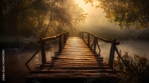 a wooden bridge over a body of water, a picture, romanticism, sun after a storm, beautiful lighting uhd, indian forest, wallpapers, fierce-looking, morning on the lake, Generative AI