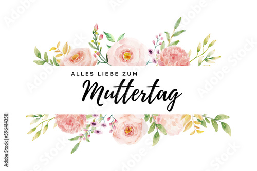Fototapeta Naklejka Na Ścianę i Meble -  Alles Liebe zum Muttertag Schriftzug mit rosa Blumen gezeichnet mit Wasserfarbe auf transparentem Hintergrund. Glückwunschkarte. 