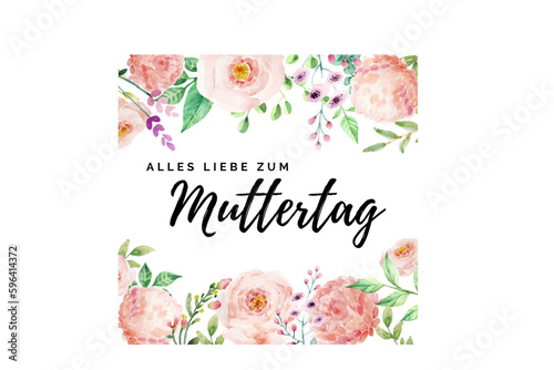 Alles Liebe zum Muttertag Schriftzug mit rosa Blumen gezeichnet mit Wasserfarbe auf transparentem Hintergrund. Glückwunschkarte. 