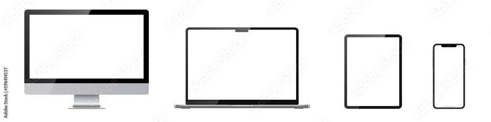 Set of monitor, laptop, tablet, phone on transparent background with white transparent screen. Png illustration. Set of monitor, laptop, tablet, phone on transparent background with white transparent screen. Png illustration.