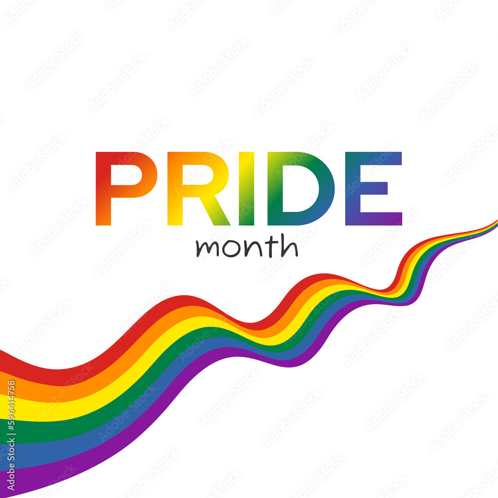 Pride flag Waving ribbon and Pride month text Pride flag Waving ribbon and Pride month text