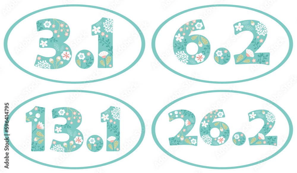 A set of pretty oval race distance numbers in floral pattern
