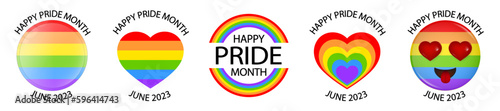 Happy pride month. Set of rainbow icons. Love is love, rainbow flag, lgbt pride. June 2023. Heart-shaped and round logos. Human rights and tolerance