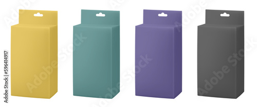 Set of paper packaging boxes with hanging hole. Blank product package mockup. Gold, green, purple and black packs.