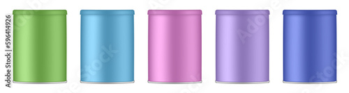 Set of aluminium canisters. Green, blue, pink, purple and blue tin containers. Tea or cookie jar. Round box for sugar or flour	