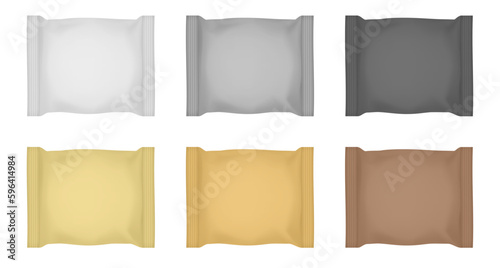 Set of white, gold, silver, black and brown flow packs. Chocolate bar or ice cream wrapper. Silver foil bag. Realistic 3d mockup of a cookie snacks. Pouch