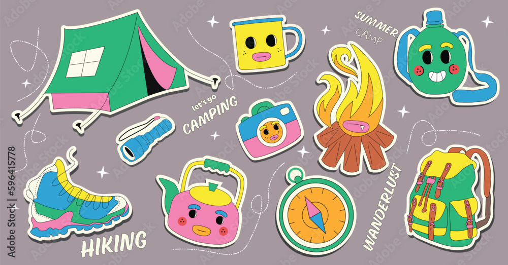Camping Hiking Stickers. Vector Illustration Flat Style. Collection of Seasonal Summer Symbols.