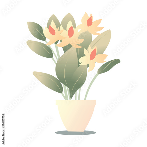 Indoor plants flat color illustration. Realistic houseplant in beige pot on metal stands. Exotic flowers with stems and leaves. Isolated botanical design element