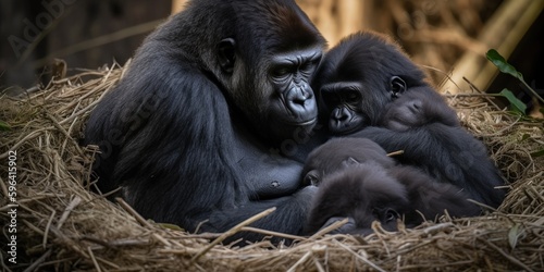 A family of gorillas snuggling together in their cozy nest, concept of Primate social structures, created with Generative AI technology photo