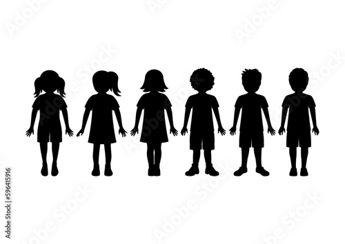 Group of children standing in a row black silhouette vector. Little boys and girls silhouette icon set vector isolated on a white background