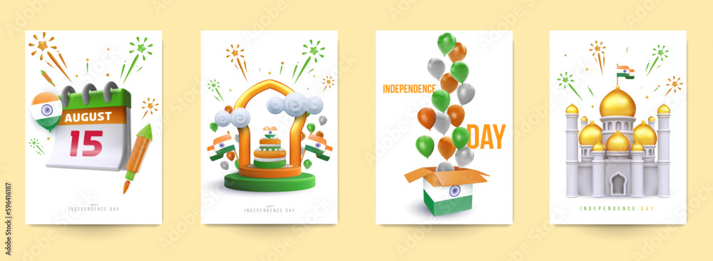 Set template design for independence day India. Collection creative festival composition in modern minimal 3d style. Holiday concept design for card, cover, poster, banner, flyer. Vector illustration.