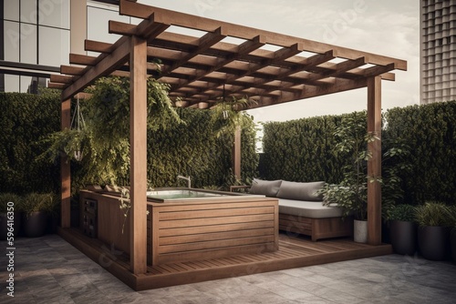 A modern pergola on a city patio with a Jacuzzi and BBQ in 3D rendering. Generative AI