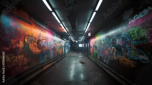 Cyberpunk Neon Tunne with graffiti on a wall. Perspective. Future wallpaper. Grunge industrial scene. Genarative AI illustration.