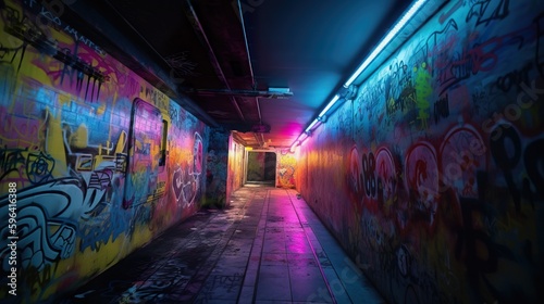 Cyberpunk Neon Tunne with graffiti on a wall. Perspective. Future wallpaper. Grunge industrial scene. Genarative AI illustration.