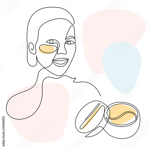 Woman's face with patches under the eyes. Personal care, skin care, beauty treatments. One line drawing