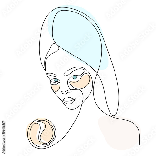 Woman's face with patches under the eyes. Personal care, skin care, beauty treatments. One line drawing