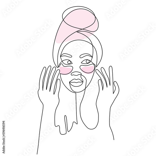 Woman's face with patches under the eyes. Personal care, skin care, beauty treatments. One line drawing
