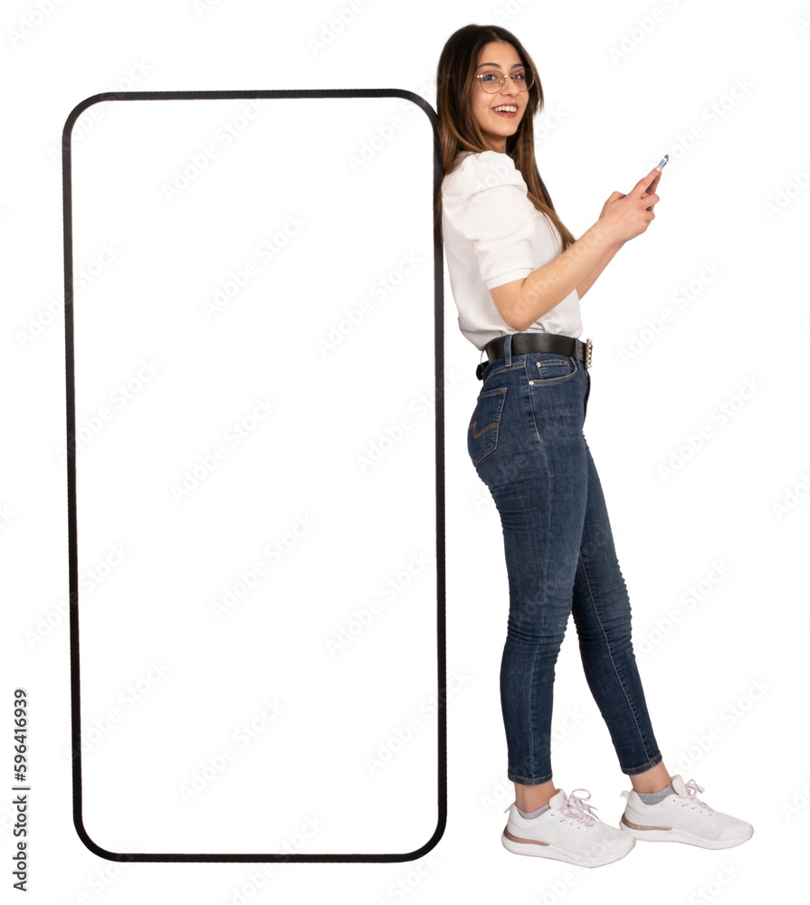 Mobile application banner, full body length view woman leaning huge smartphone with empty blank screen mockup. Isolated transparent png image. Using mobile phone, looking camera. Teen lady. - obrazy, fototapety, plakaty 