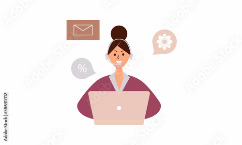 Customer service worker woman or assistant in headset service or consult customers online.Hotline operator in global technical support, Call center, work calls, business communication concept. Raster