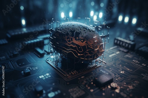 Circuit brain on binary background for AI. Generative AI