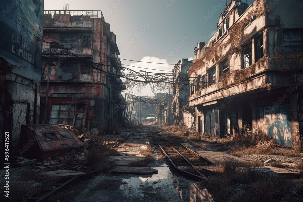 Desolate post-apocalyptic cityscape: ruins, abandoned streets and buildings. Generative AI