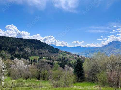 landscape with sky and clouds, mountains panorama 