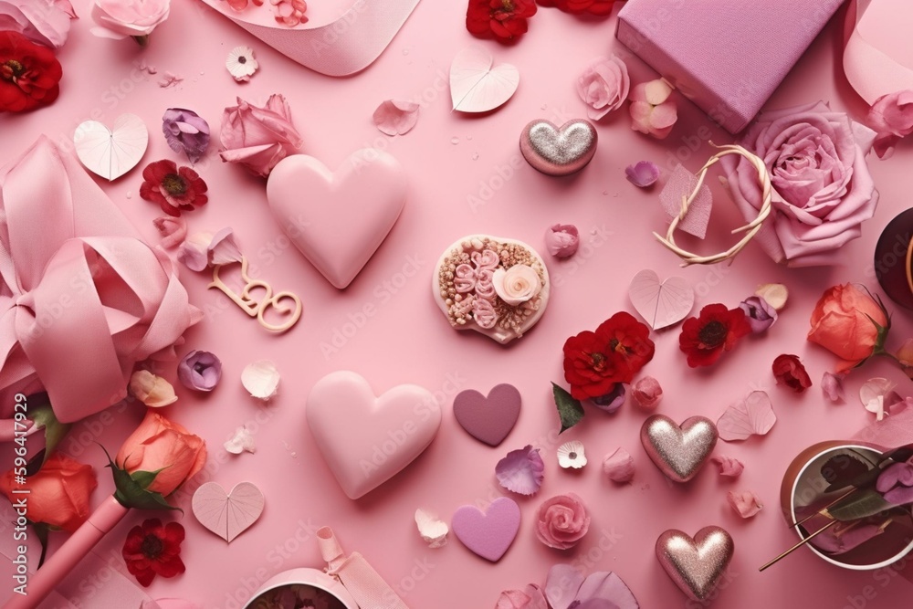 Valentine's day theme with hearts, flowers, and gifts on a pink background. Generative AI Valentine's day theme with hearts, flowers, and gifts on a pink background. Generative AI