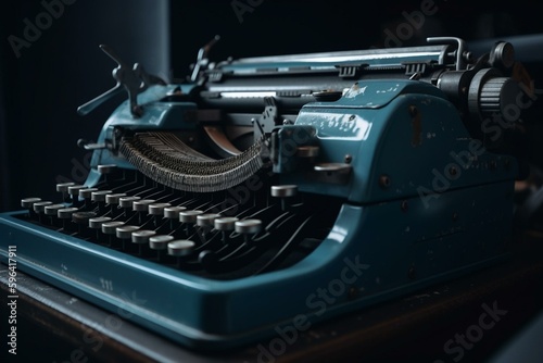 Vintage blue typing machine. Generative AI