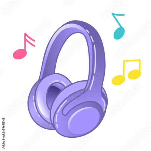 Vector illustration of wireless headphones in cartoon style. Headphone icon and notes
