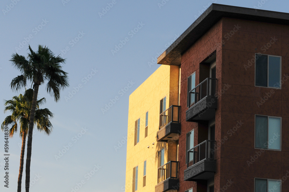 Exterior corner of the top floors of a new apartment building with walls painted in yellow and brown colors showing balconies, windows, and with an adjacent palm tree Exterior corner of the top floors of a new apartment building with walls painted in yellow and brown colors showing balconies, windows, and with an adjacent palm tree