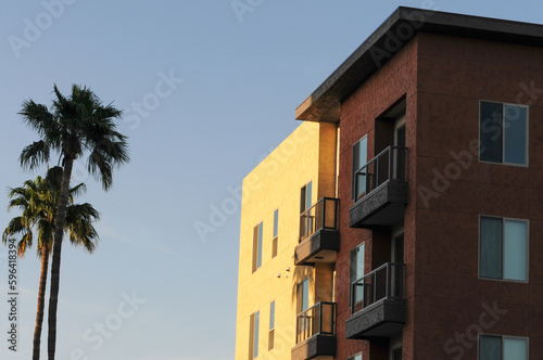 Exterior corner of the top floors of a new apartment building with walls painted in yellow and brown colors showing balconies, windows, and with an adjacent palm tree © Eduardo Barraza