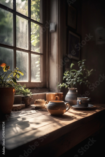 peaceful morning scene with a cup of fasting tea , Generative AI