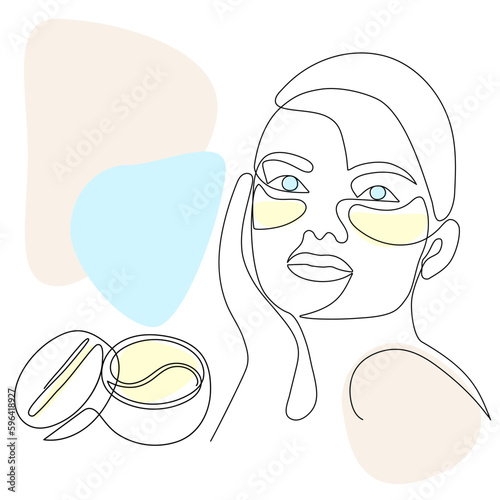 Woman's face with patches under the eyes. Personal care, skin care, beauty treatments. One line drawing