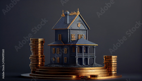 real state concept house builted in gold coins photo