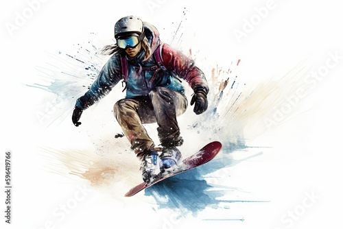 Illustration painting of a snowboarding on white background. Snowboard. Winter sport concept. Generative AI Technology