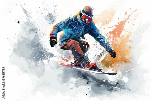 Illustration painting of a snowboarding on white background. Snowboard. Winter sport concept. Generative AI Technology