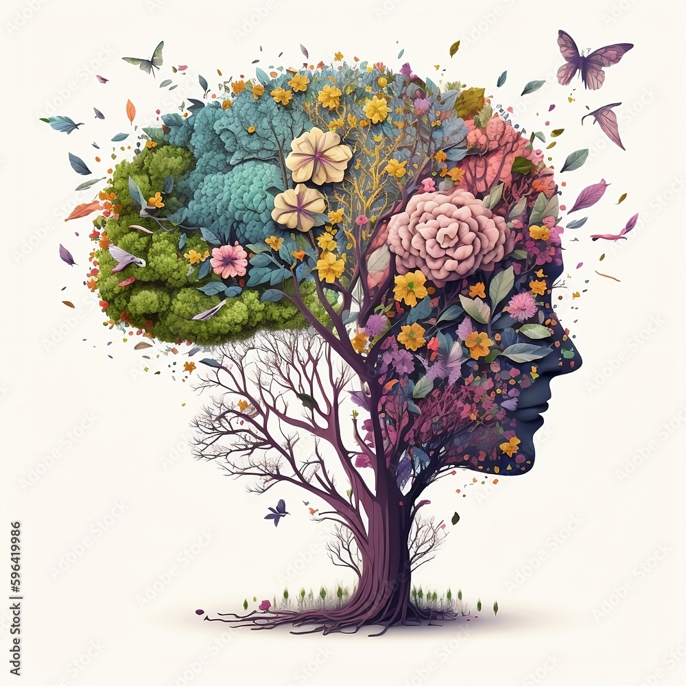 generative AI, Human brain tree with flowers and butterfly , self care ...