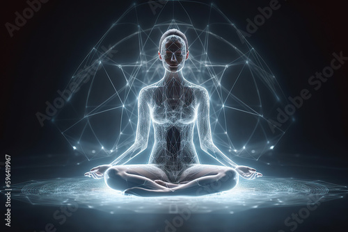 Abstract futuristic image of woman yogi sits in a lotus pose, body connection points with universe concept, created with Generative AI