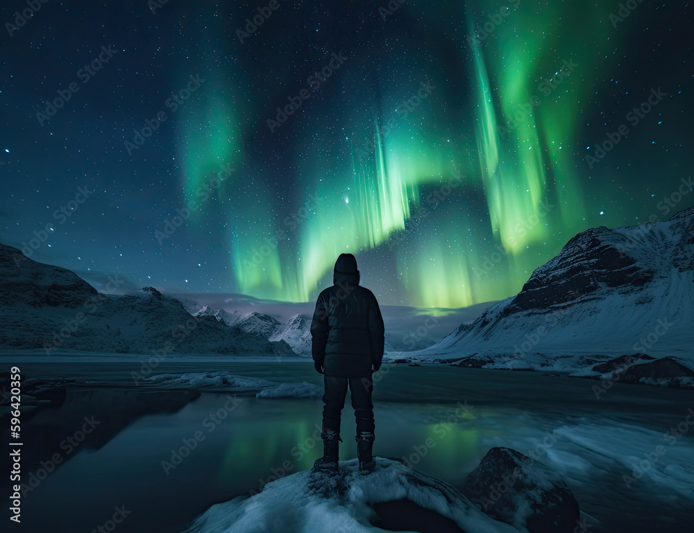Aurora, A Person Stands in Awe of the Vivid Aurora Borealis, Graphical resource, Background, Wanderlust, Travel. Generative AI